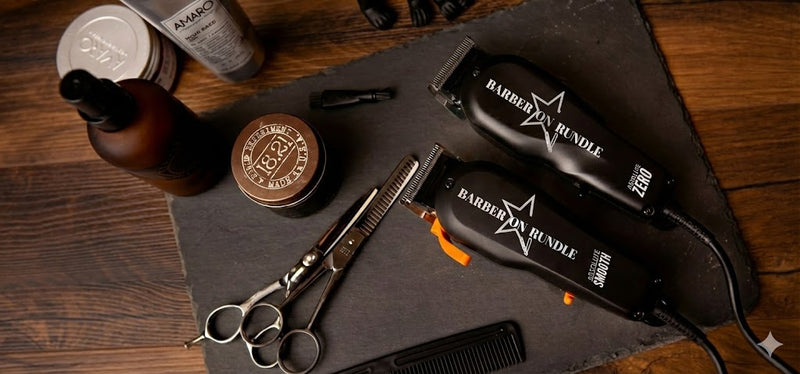 Flat lay of custom branded Barber on Rundle clippers, professional scissors, and premium hair styling products.