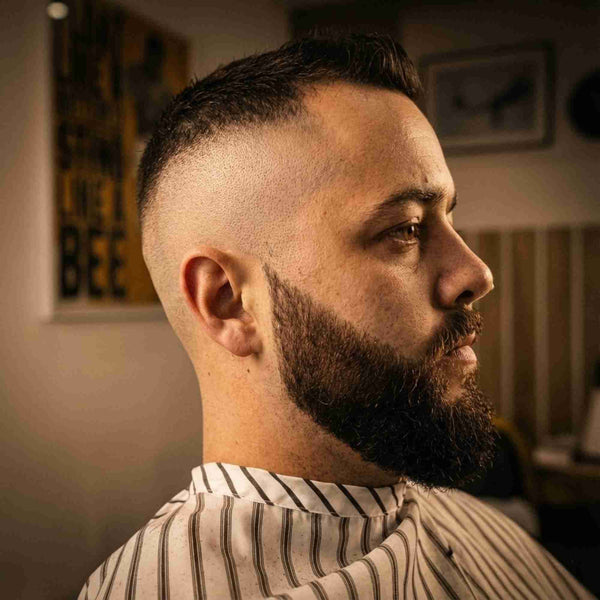 Profile view of a fresh skin fade haircut paired with a sharp beard trim and lineup at Barber on Hutt.